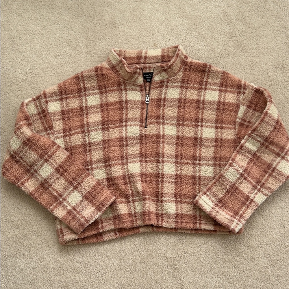 Love Tree Tan and Cream Checkered Sherpa Jacket
